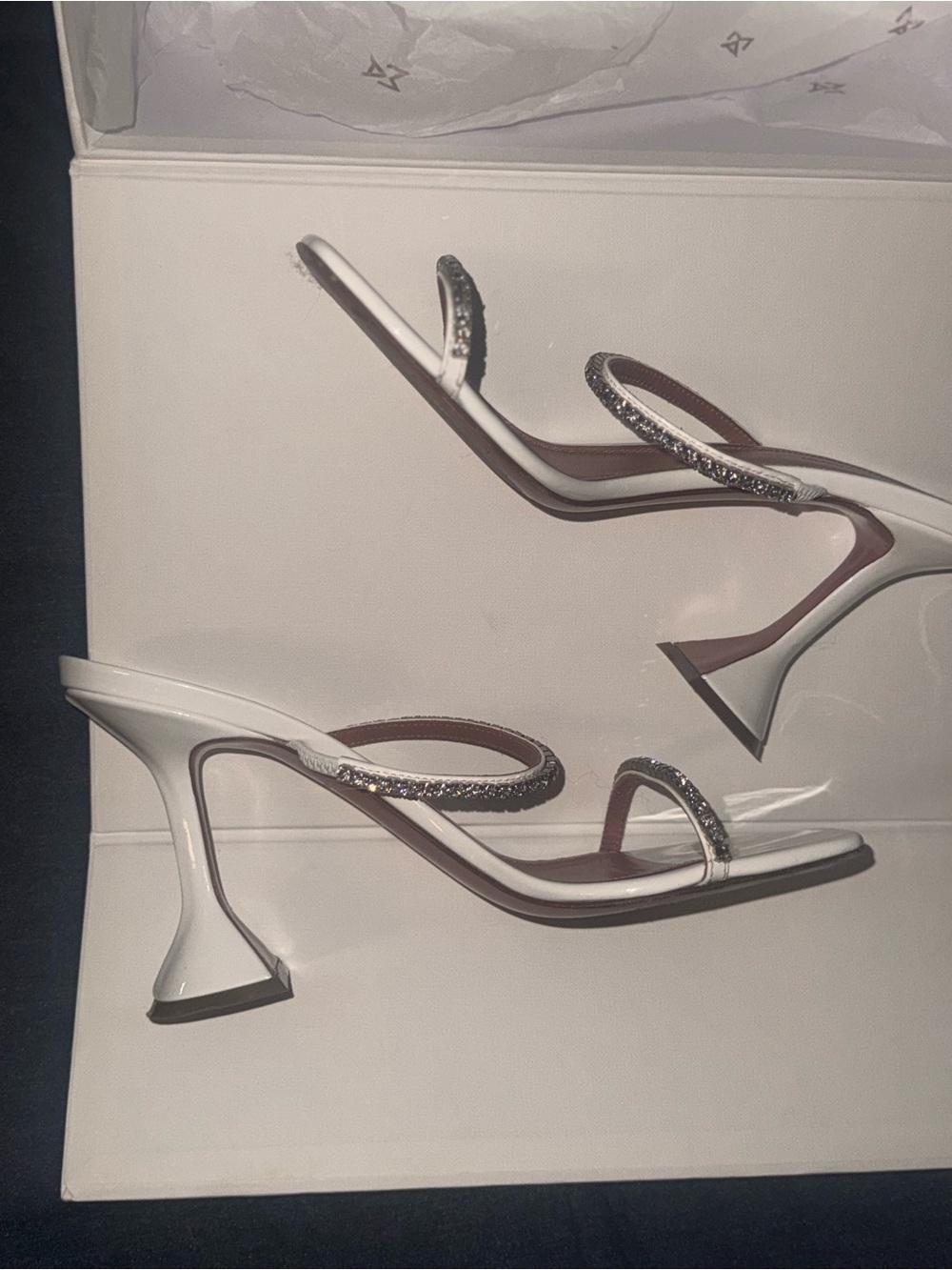 Amina Muaddi White Crystal Double-Strap Sculpted Heel Sandals